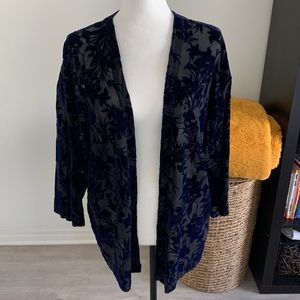 hinge sheer navy blue floral velvet cardigan